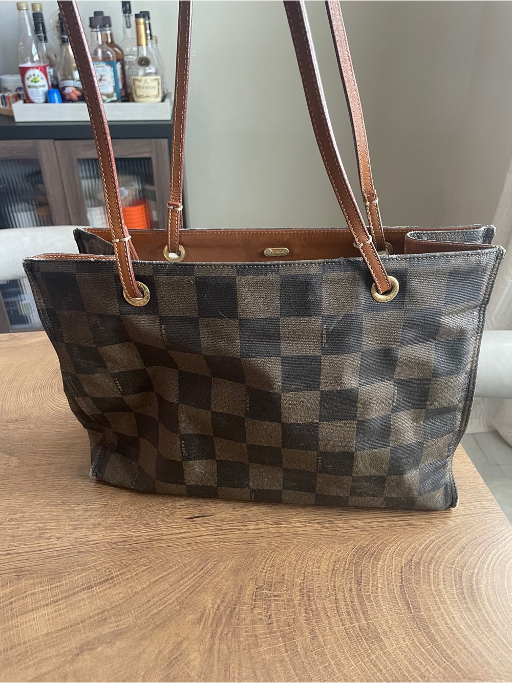 Fendi Brown Checkered Tote with Tan Leather Straps